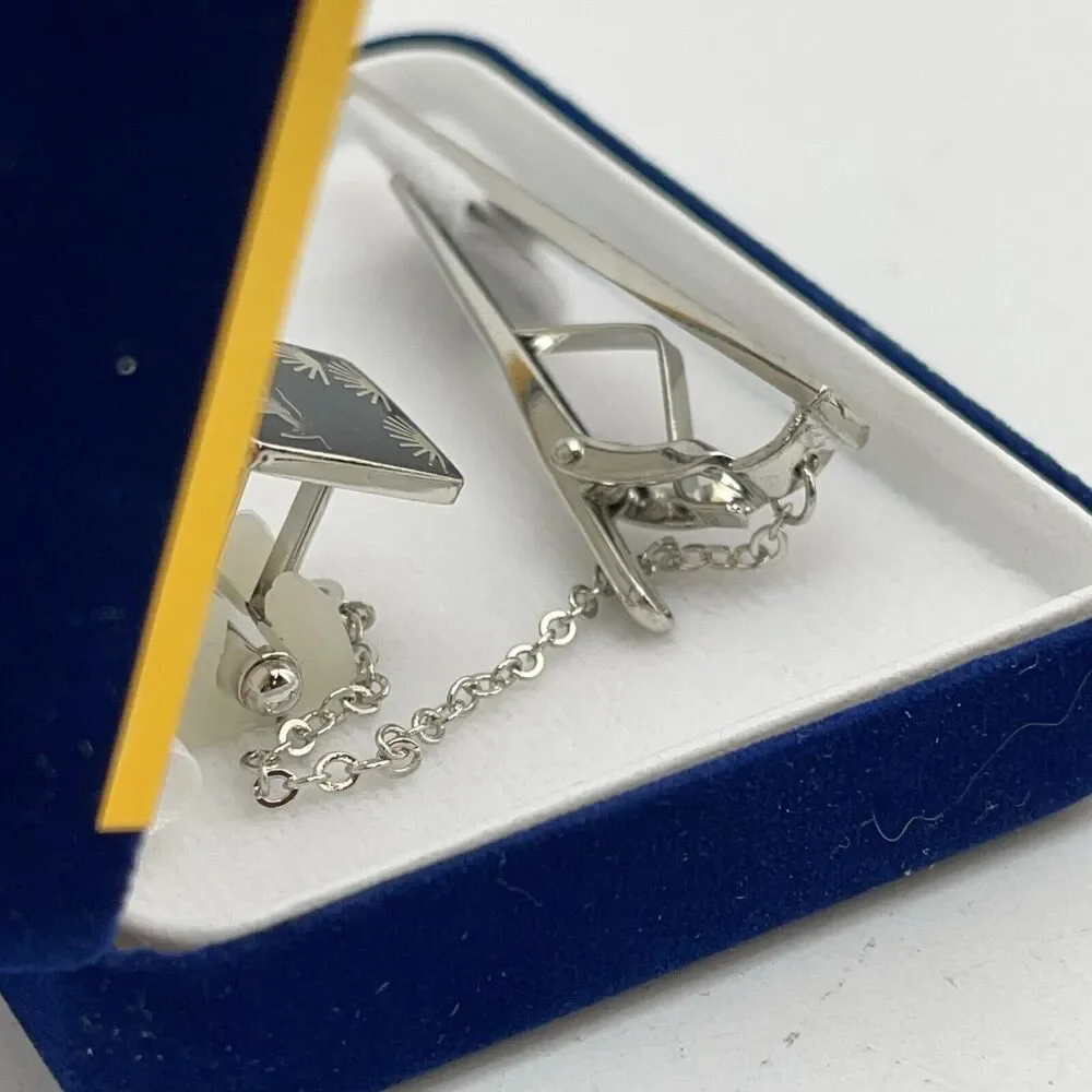 Retro Vintage Cuff Links & Tie Clip Set Silver with 24K Gold Inlay
